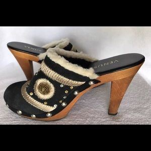 Venus Boho Studs Suede Leather Wood Clog Mules 6.5